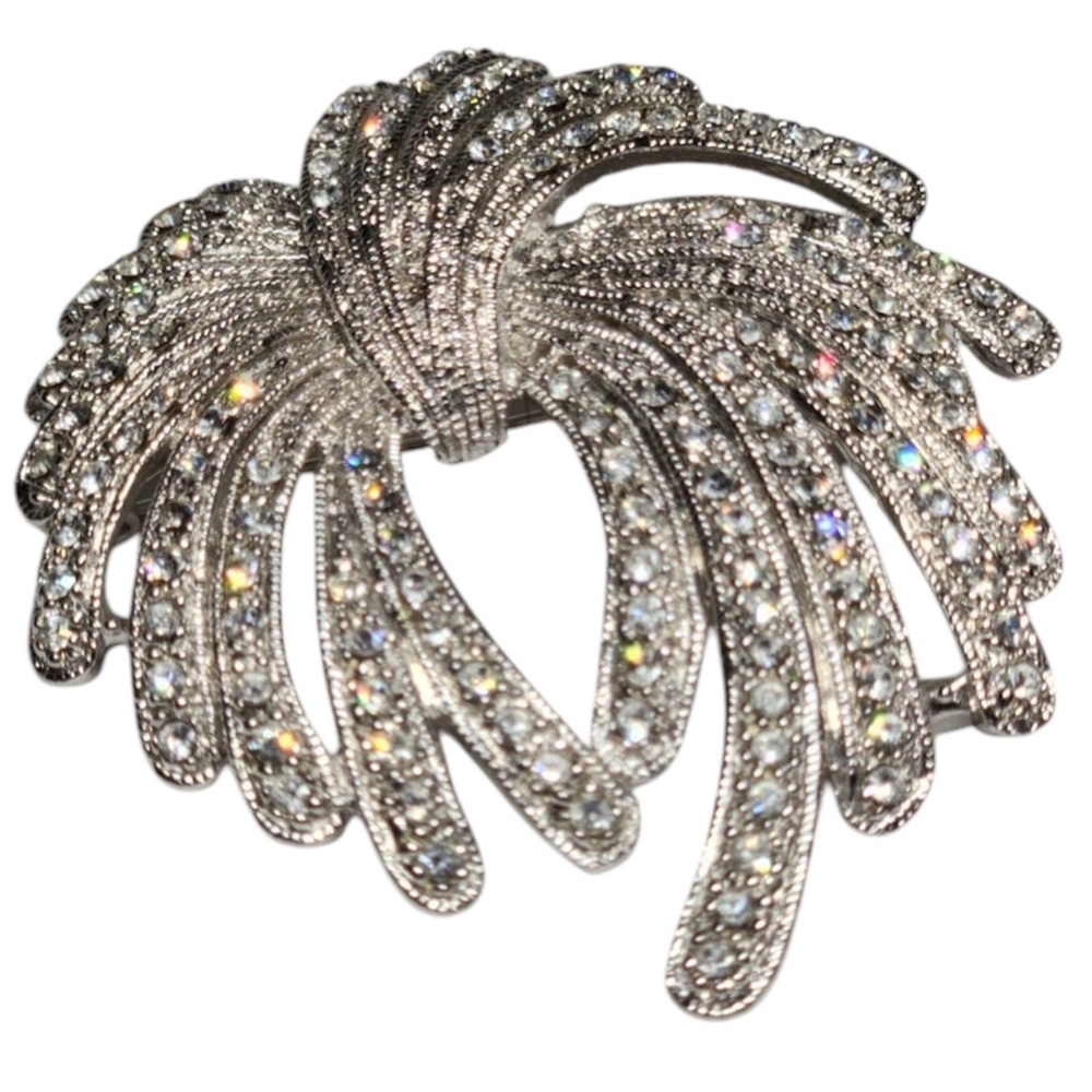 Vintage Lag Bow Shaped Silver Tone Metal Clear Pave set Stones Brooch Pin